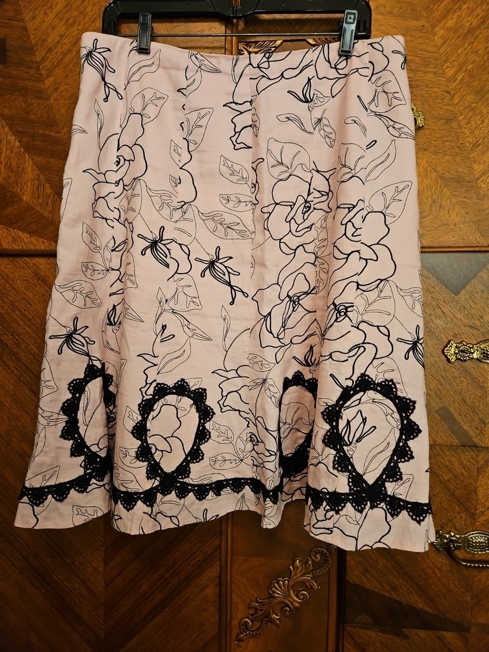 Peter Nygard Vintage Rockabilly Size 16 Pink Floral A-Line Skirt Black Lace Trim